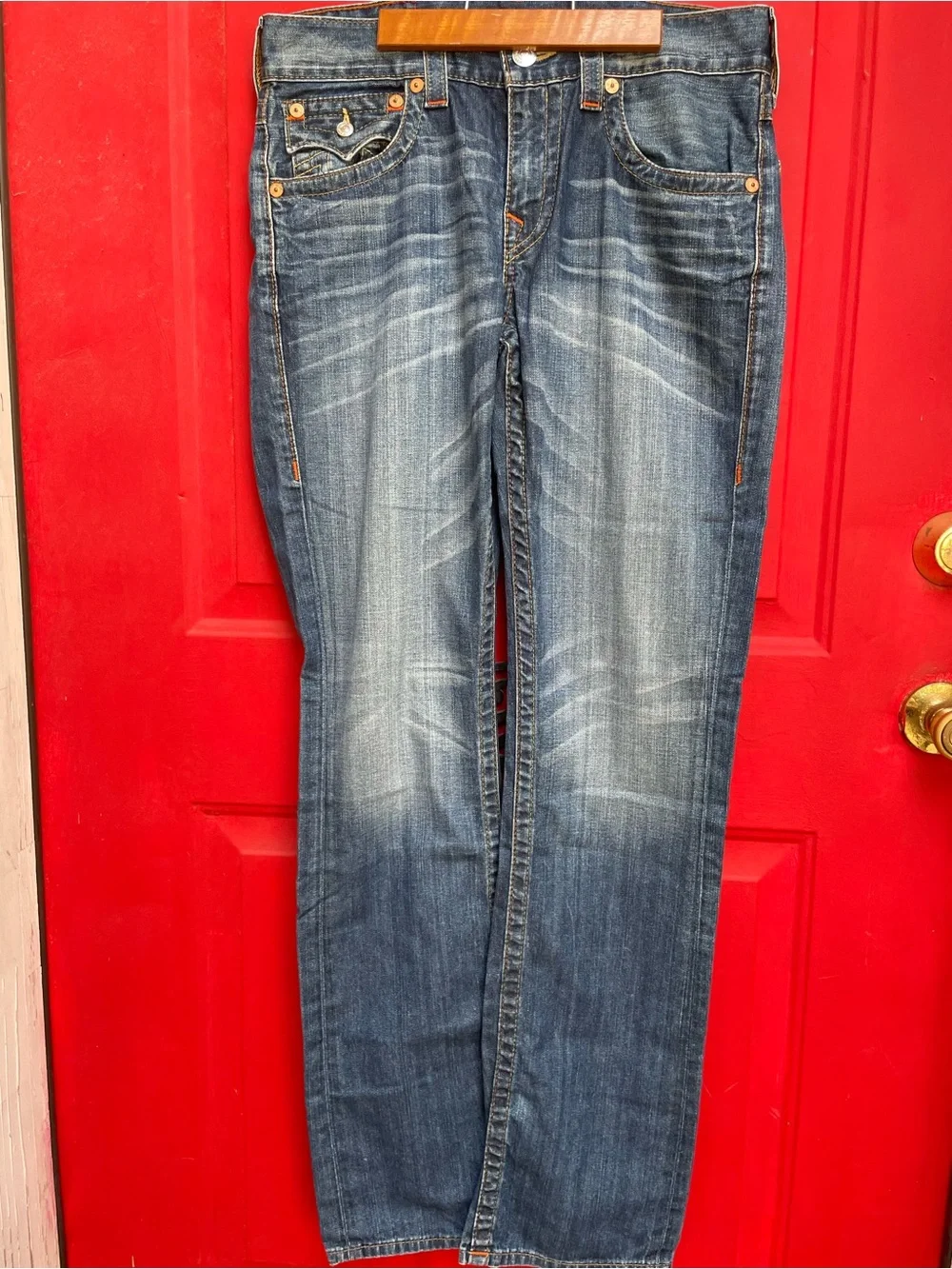 True Religion Blue Straight Leg Jeans with Faded Whiskering